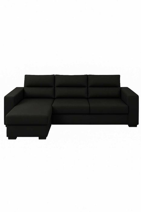 Sofá-Cama com Chaise Longue | 3 lugares | Revestido a Pele | Cor Preta