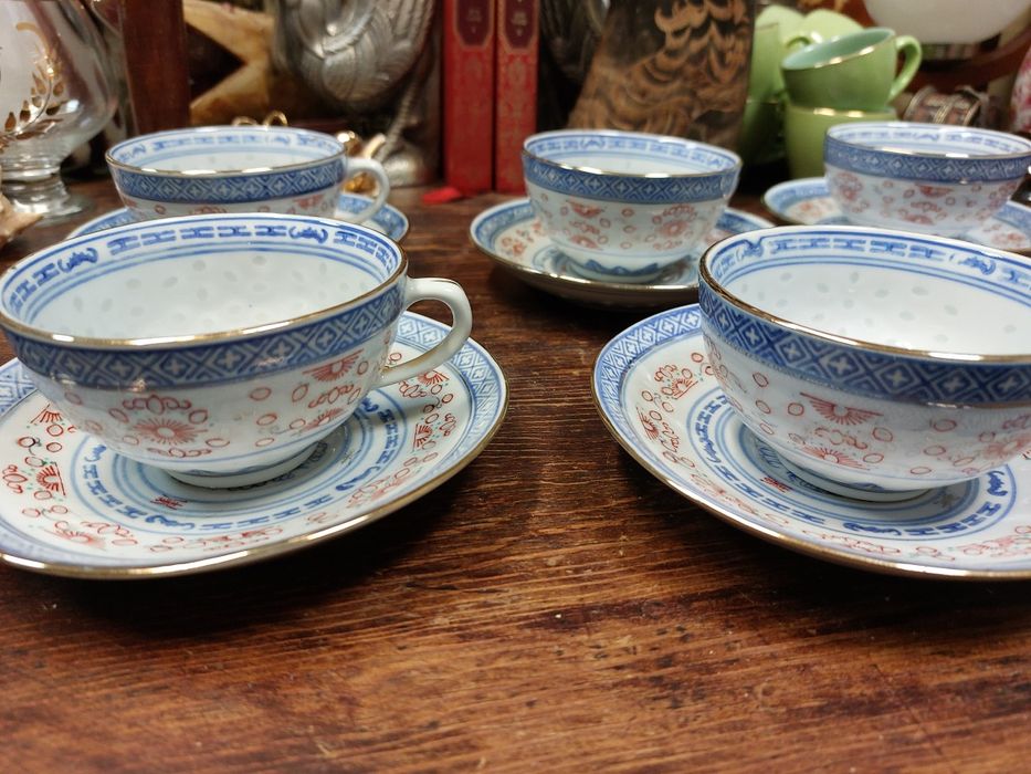 Conjunto de 6 chávenas e pires, bago de arroz em porcelana chinesa