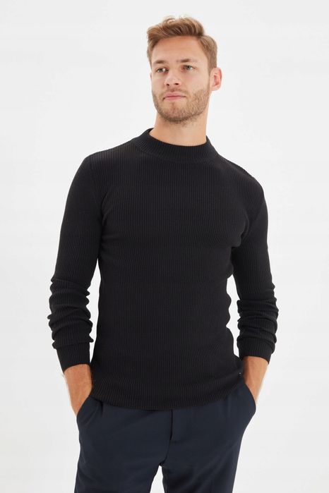 Trendyol czarny sweter męski golf prążkowany casual m 5ca