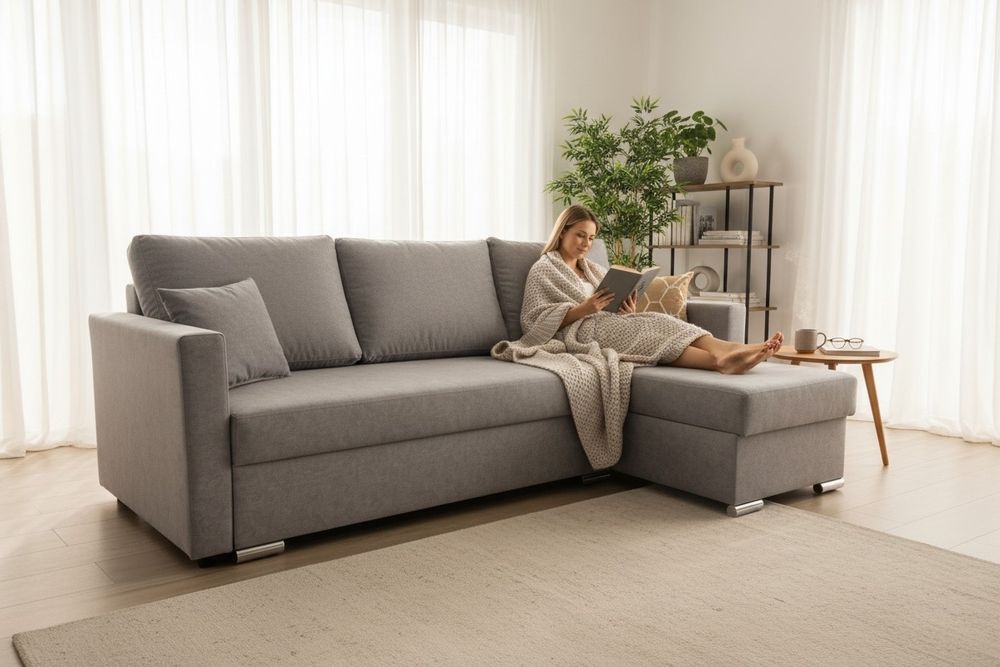 Naroznik rozkładany z funkcją spania. 2 pojemniki wiele tkanin