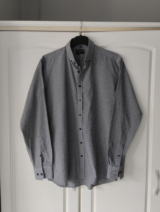 Elegancka męska koszula w drobną kratkę kropki 39 170/176 M czarno biała slim fit