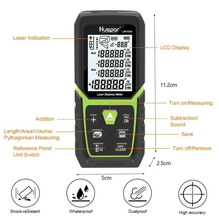 Далекомір електронна лазерна рулетка Huepar LM120A 120м з акумулятором