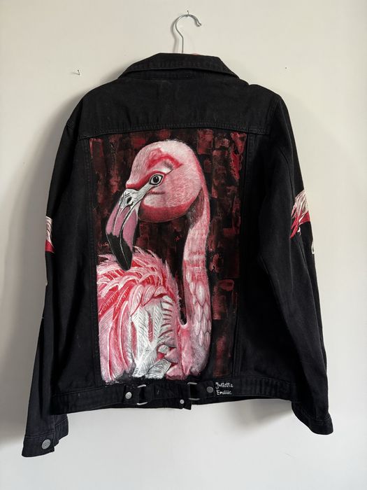 Ręcznie malowana kurtka jeansowa we flamingi UNIKAT!!
