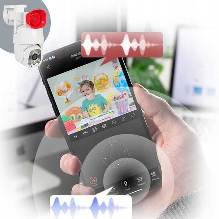 KAMERA obrotowa z MEGAFONEM WiFi detekcja ruchu głośna alarm ZOOM 2k