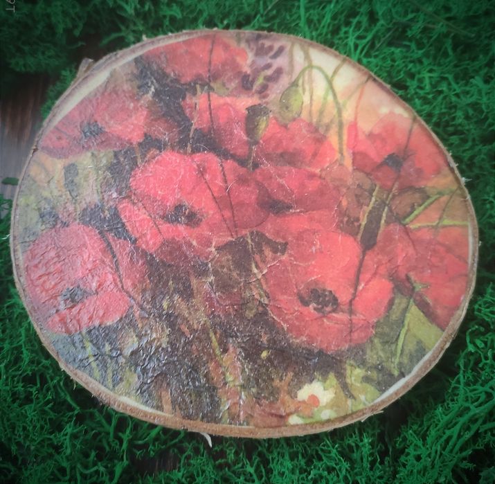 obraz na drewnie decoupage - czerwone maki