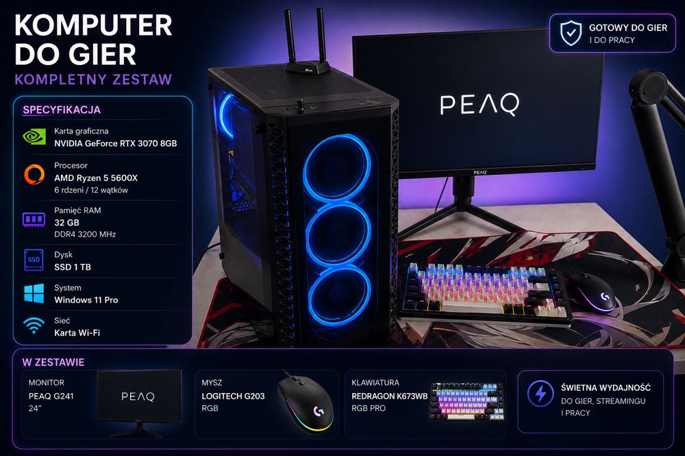 Komputer gamingowy RTX 3070 / Ryzen 5 5600X / 32GB RAM / SSD 1TB + monitor + akcesoria