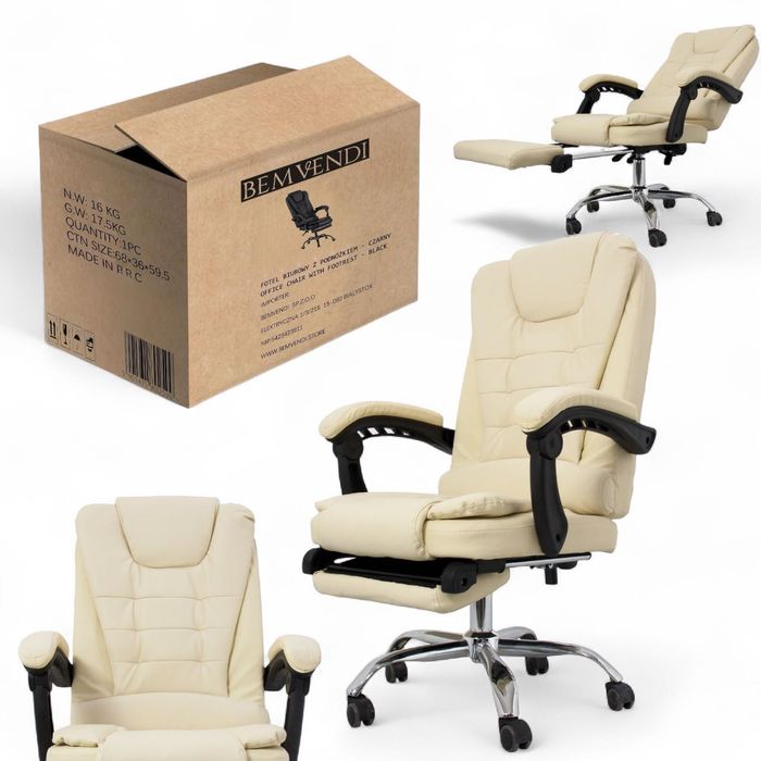 Fotel Biurowy Kremowy Wysuwany Podnóżek Krzesło ekoskóra PREMIUM‼️