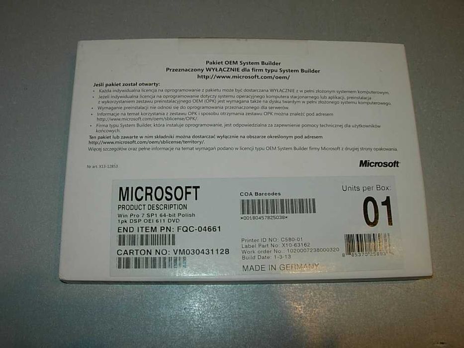 Microsoft Windows 7 Pro PL 64bit BOX