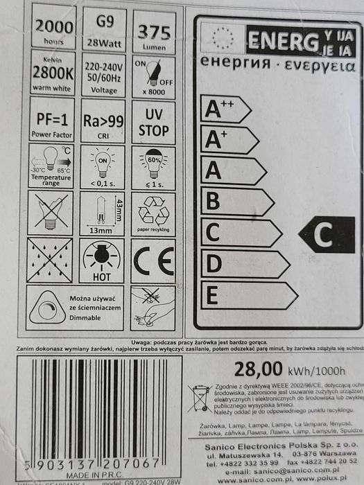 Żarnik żarówka halogenowa G9 28W 375lm Polux