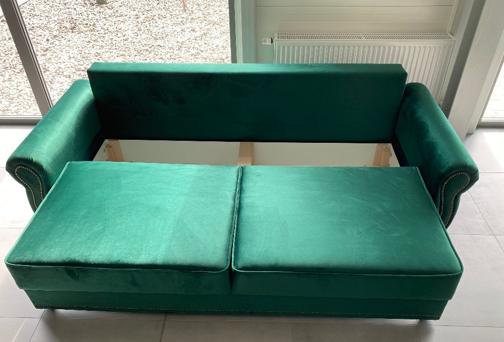 Zestaw Kanapa, fotel i pufa, plusz, butelkowa zieleń, proucent