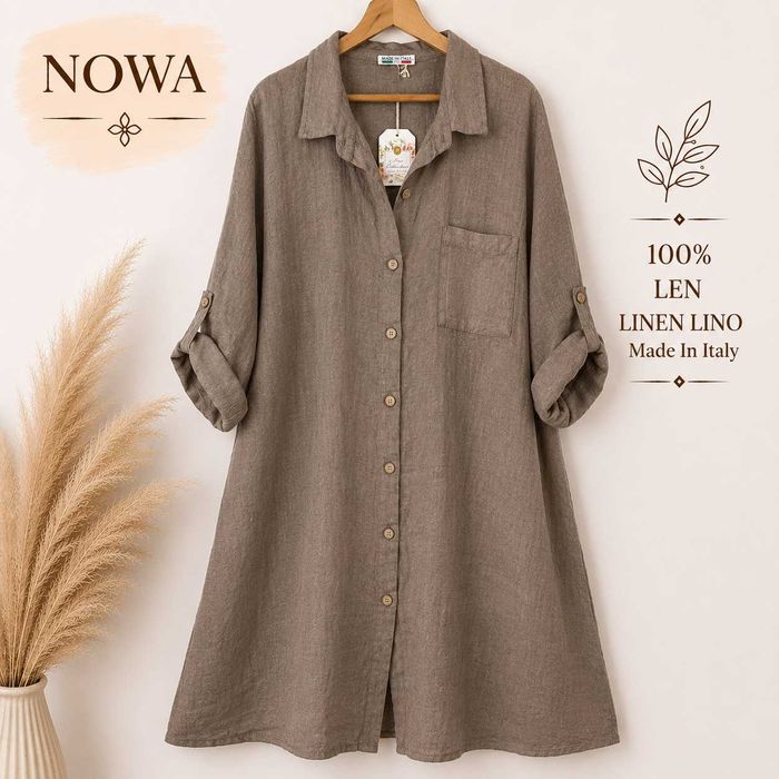 Nowa długa sukienka lniana len lino 100% fango beżowa szmizjerka plus size oversize naturalna