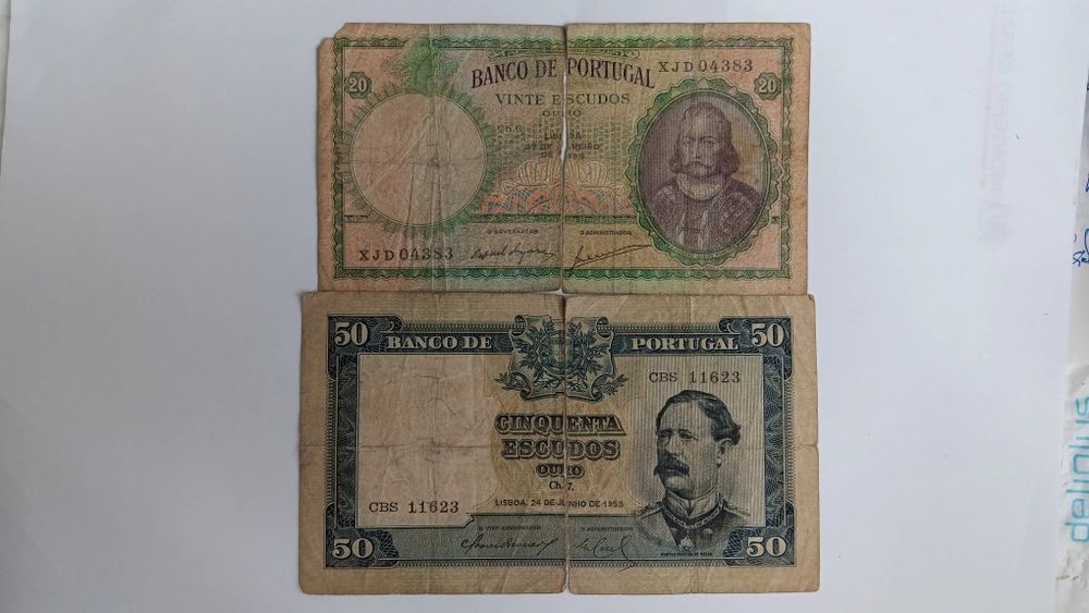 2 notas de 20 e 50 escudos.