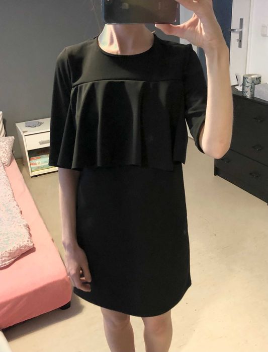 Sukienka z falbanką, mała czarna, Mango XS 34