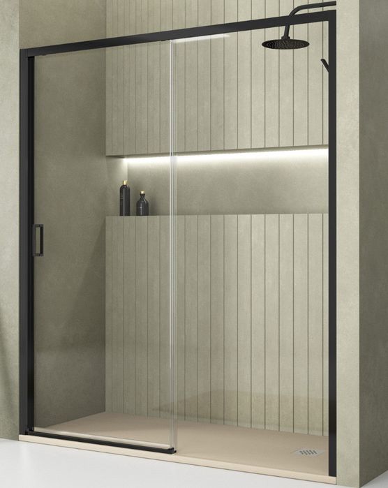 Tela de chuveiro frontal deslizante 1 porta 1 fixa | Vidro Anticalcário 5mm Altura 190cm | Reversível Esquerda/Direita | Preto fosco