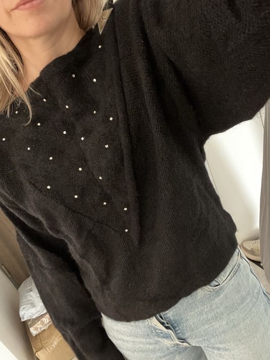 Kid Moher wełna Kaszmir Vintage piękny sweter z ozdobami S/M