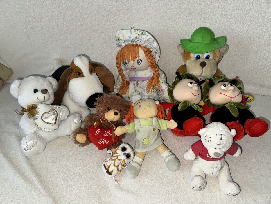 Мʼякі іграшки: ведмедик, собака, сова, лялька, ведмідь, божа корівка 2