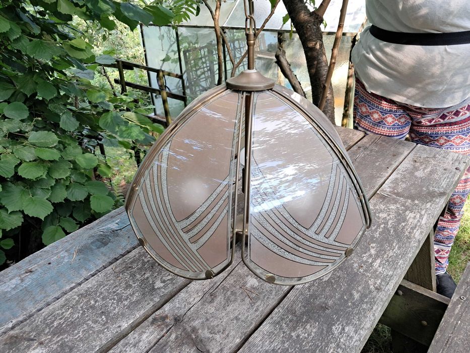 Lampa retro vintage sufitowa wisząca metalowa szklana żyrandol prl