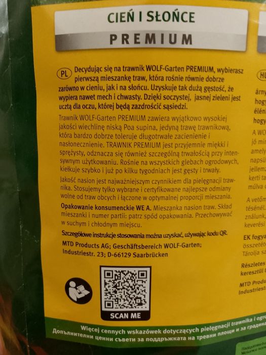 Nasiona traw WOLF-Garten  PREMIUM cień i słońce SP 500 10kg