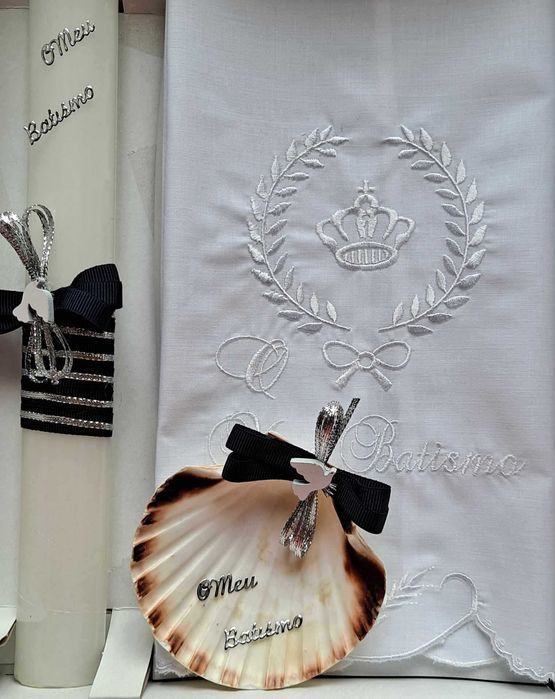 conjunto para batismo / batizado: vela, concha, toalha