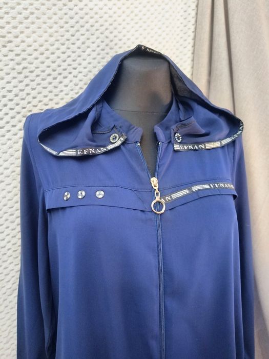 Długi granatowy jesienny damski płaszcz z kapturem r. XL/XXL 42/44