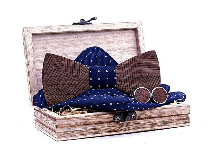Mucha muszka drewniana + poszetka + spinki ELEGANCKI ZESTAW na Prezen