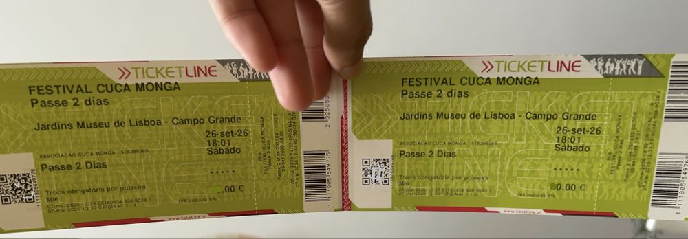 2 bilhetes Festival cuca monga 25 e 26 Setembro