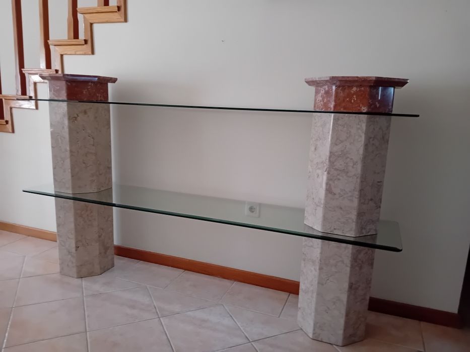 2 Estantes/Aparadores modular vintage, mármore Estremoz, vidro temperado, design neoclássico 80s/90s