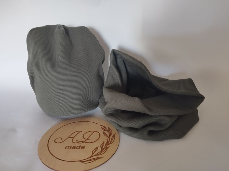 Komplet zestaw czapka komin bawełniany prążek damski męski Khaki