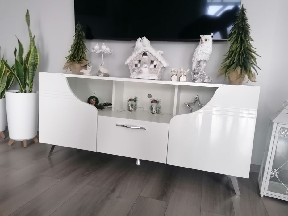 Komplet szafka RTV witryna komoda wysoka biały połysk
