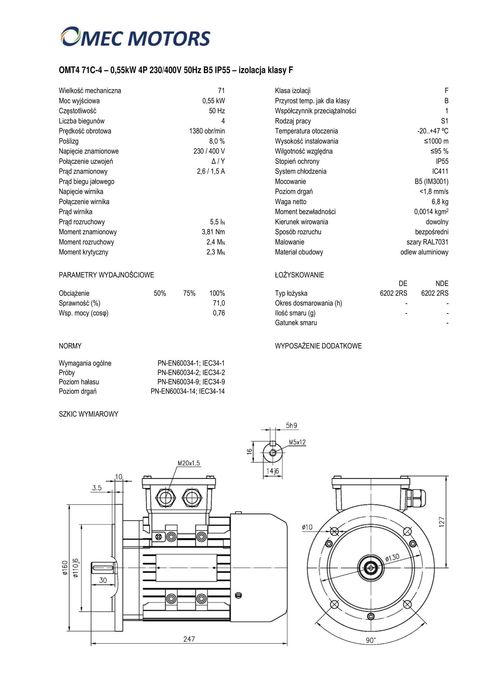 silnik elektryczny 0,55kW 1400obr. 3fazowy 71B5 OMT