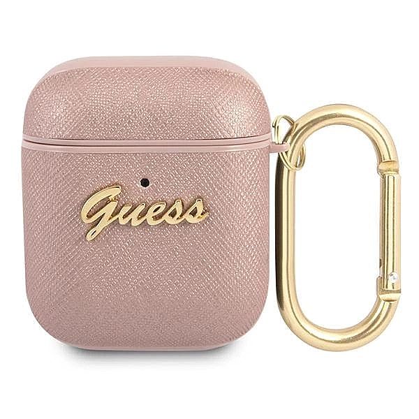 Etui Guess Saffiano Script Metal Collection na AirPods 1/2 - różowe