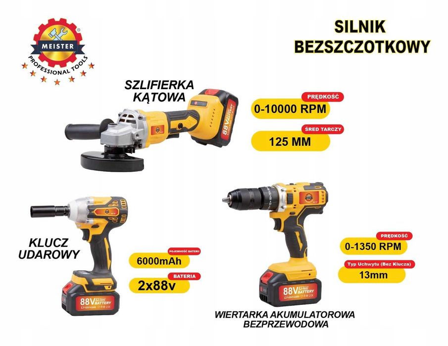 Zestaw narzędzi Akumulatorowych 3w1 WKRĘTARKA SZLIFIERKA Klucz Uadrowy