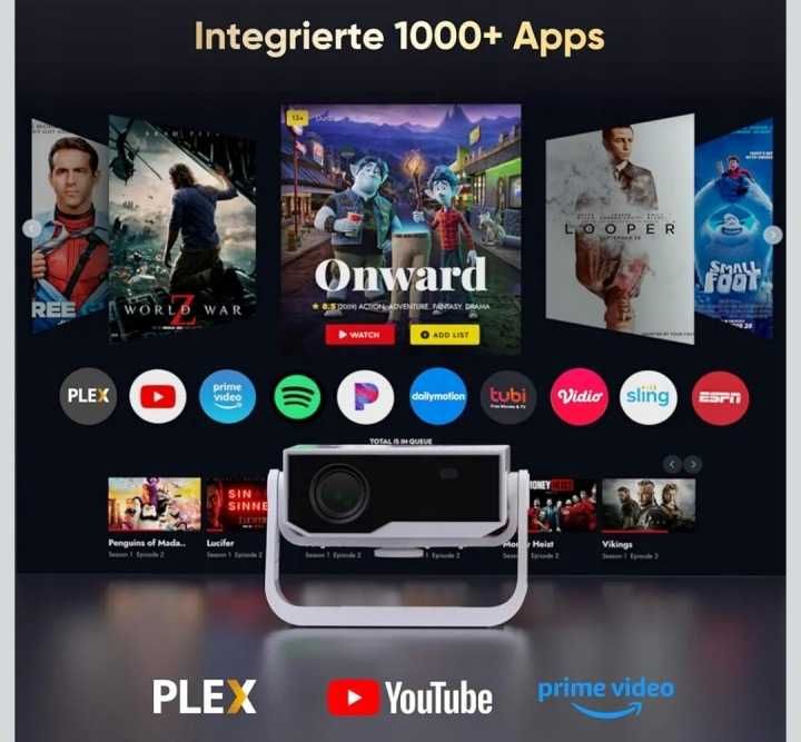 WIELIO, Projektor smart Android 11 obsługa 4K 1080P 28 000 lm WiFi 6 BT 5.2