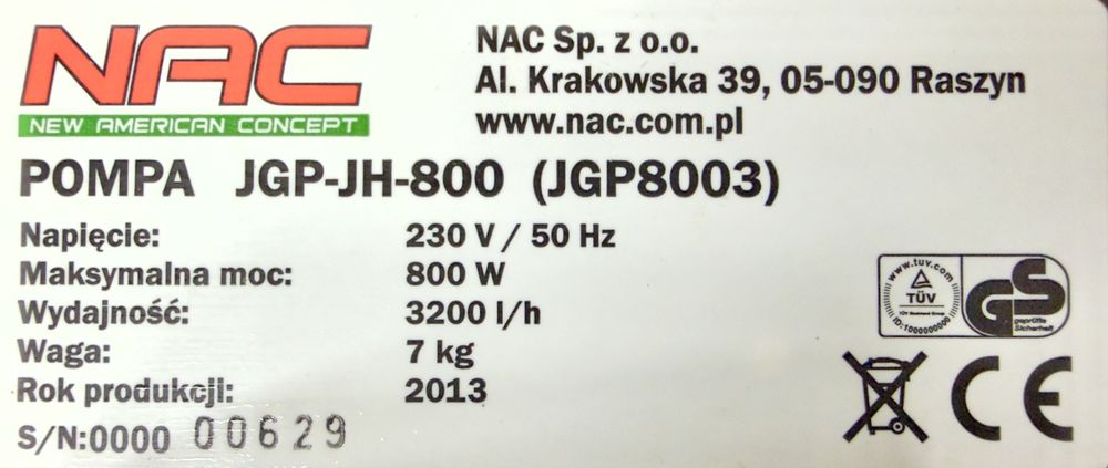 NAC Pompa ogrodowa JGP-JH-800 - sam silnik!