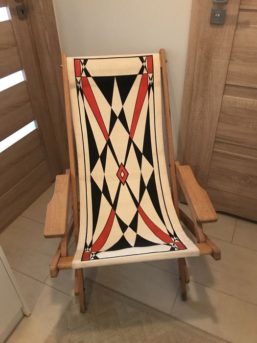 Leżak  PRL ROCK-N-FOLD CHAIR drewno+len piękny stan UNIKAT