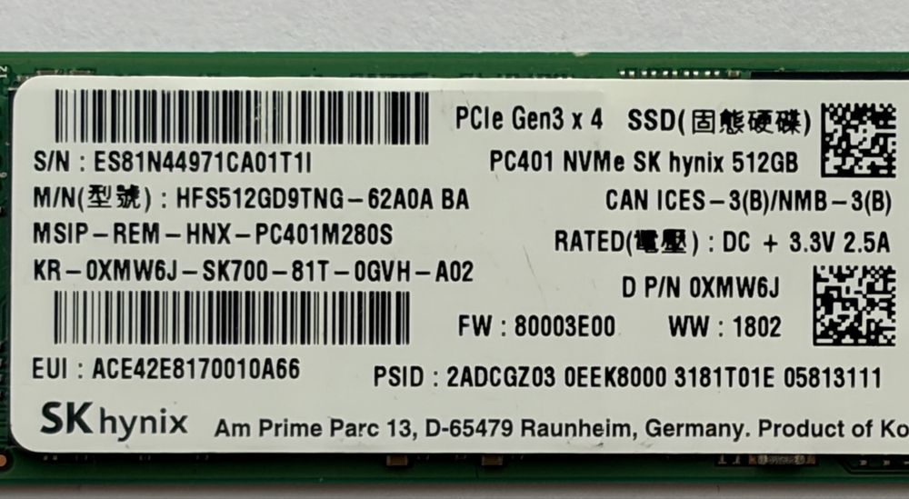 Dysk SSD PC401 NVMe SK hynix 512GB NVMe Gen3