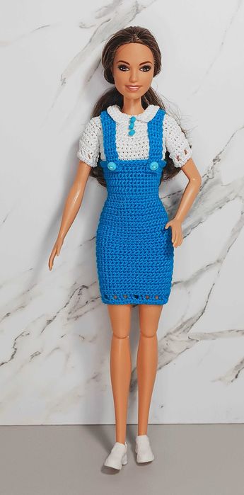 Ubranka dla lalek Barbie - Sukienka ogrodniczka 2 w 1, niebieski dół, biała góra