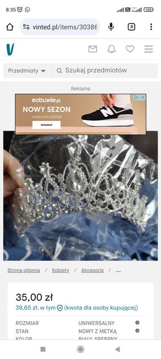 Spora srebrna solidna korona z dużymi kryształami i małymi diamencikam