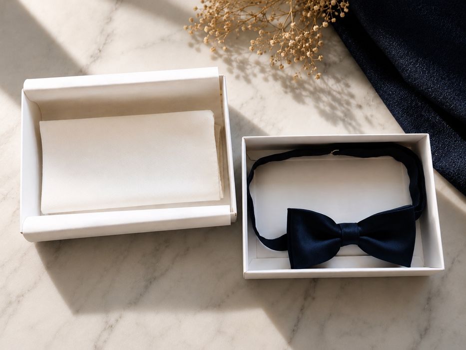 Granatowa mucha + poszetka ecru / Zestaw dla Pana Młodego / Ślub / EM Men's Accessories