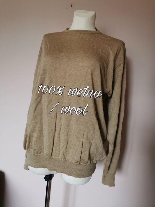 Sweter beżowy kremowy 100% wełna wełniany vintage retro boho 46 3XL