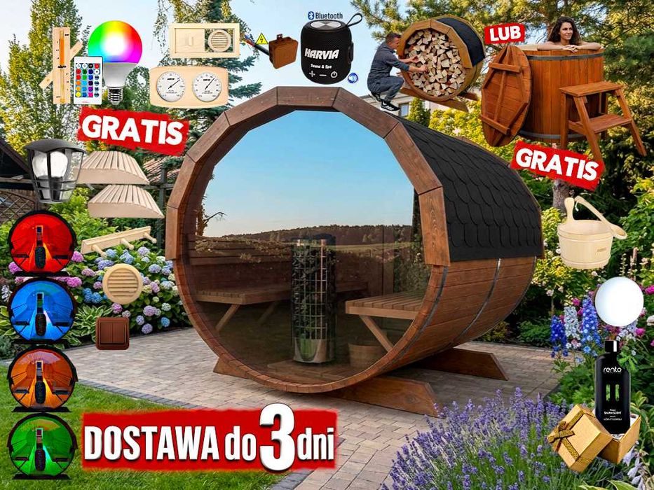 SAUNA Ogrodowa 200 cm + OKNO 100% +GRATIS Beczka / Wiata + Akcesoria