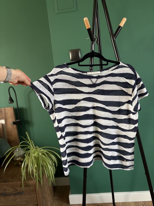 Bluzka t-shirt wzór biały granat fale wave paski striped lato summer Monari oryginalna nietypow len wiskoza