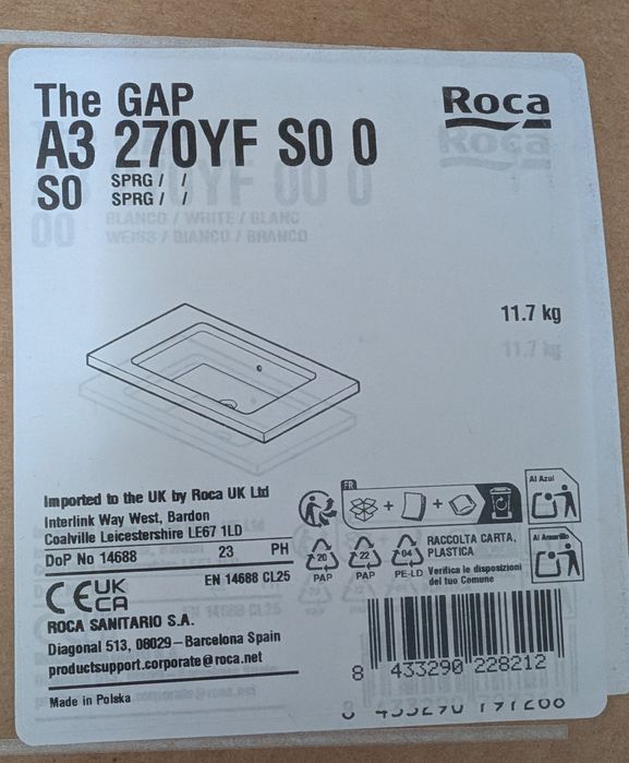 Umywalka podblatowa Roca Gap 55x35 A3270YF000