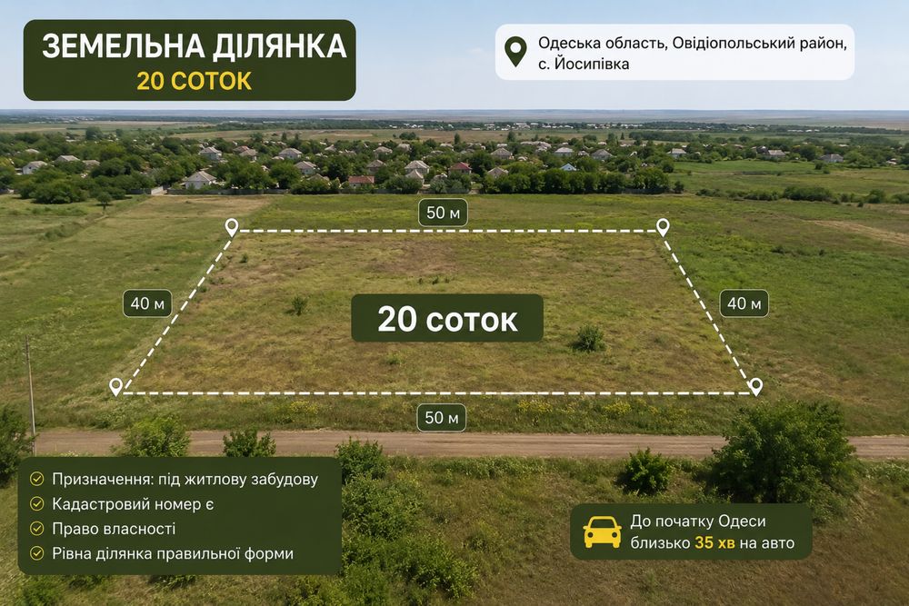 Ділянка - 20 соток під забудову ‼️ с. Йосипівка / 35хв до Одеси. КАДАСТР