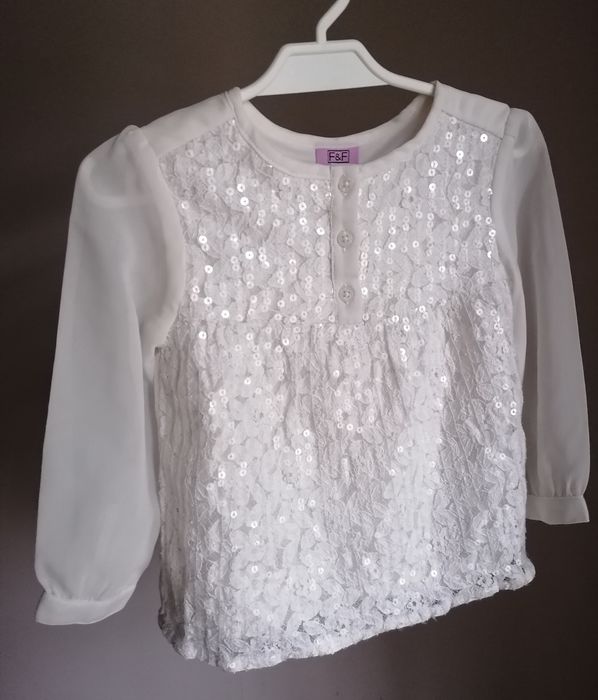 Elegancka biała koszula ecru mgiełka zwiewna guziczki cekiny 86 92cm