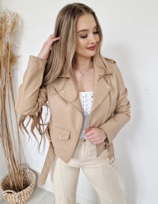 Kurtka damska ramoneska z paskiem bezowa S M L XL