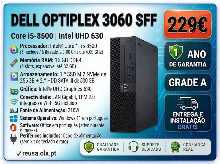 Desktop Dell OptiPlex 3060 SFF | i5-8500 | 16GB DDR4 | NVMe 256GB + HDD 500GB | W11