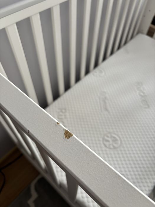 Łóżeczko Białe Klupś Iwo + Dostawka + materac Rucken Tencel