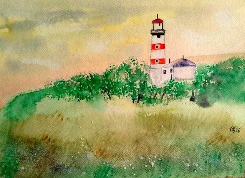 Aguarela pintada a mão " O farol na colina"