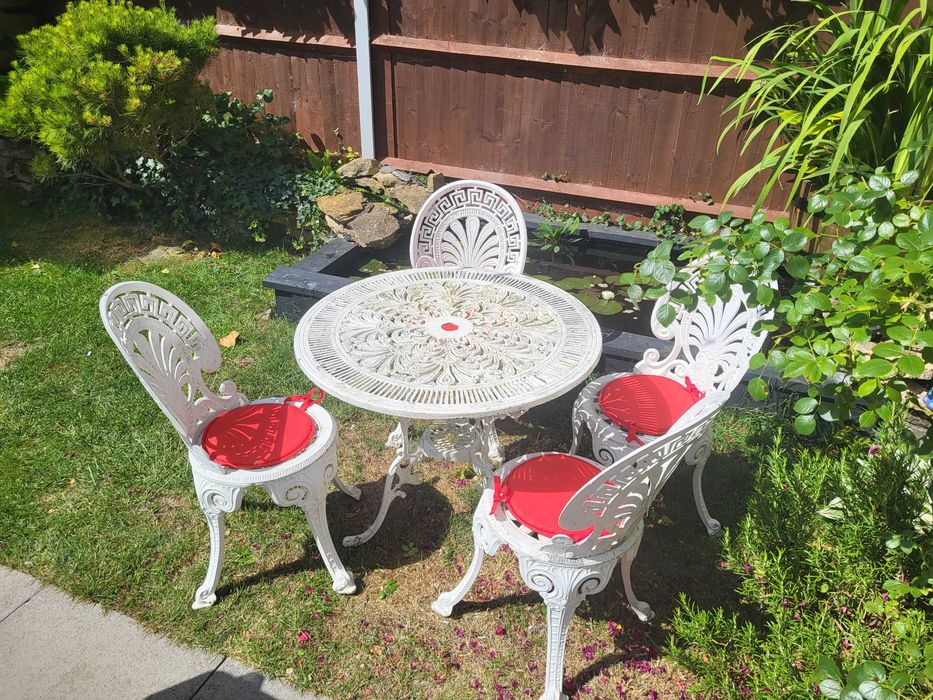 Aluminiowe meble ogrodowe 4+1 stół 80 cm Vintage całoroczne wyjątkowo ozdobny i solidny zestaw